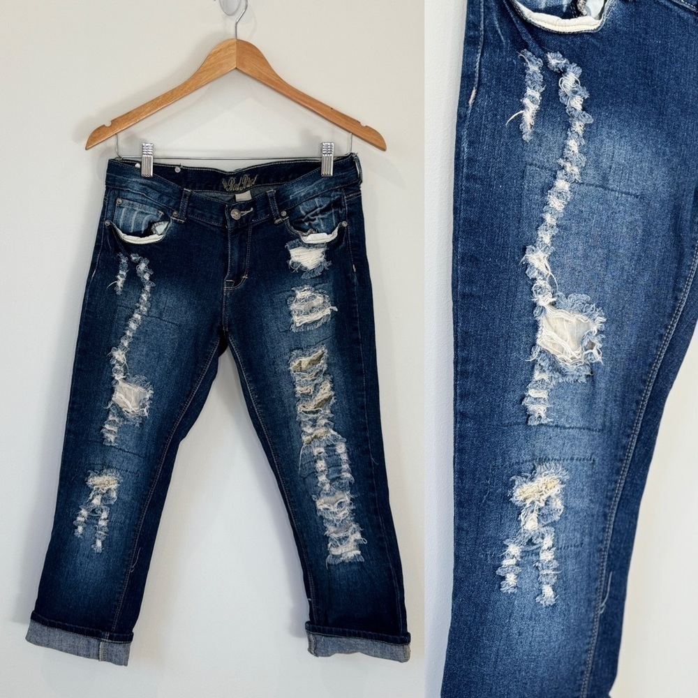 Red Rivet Ripped Blue Cropped Jeans (7) - Picture 1 of 7